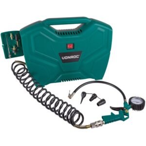 Compresseur à Air Portatif VONROC 1100 W, 8 Bar - Sans huile - Débit d'Air 180L/m - Gonfleur Pneus Voiture, Moto, Vélo, Ballon - Compresseur Portable Sans Huile avec 11 Accessoires inclus